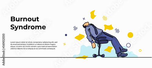 Work Fatigue Web Banner. Vector illustration of a man falling asleep on a work chair multitasking. Modern flat in continuous line style.