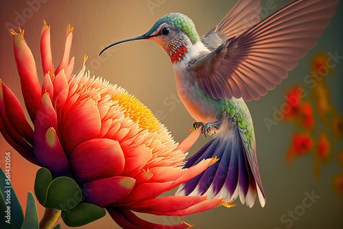 Hummingbird flying to pick up nectar from a beautiful flower. Digital artwork	
