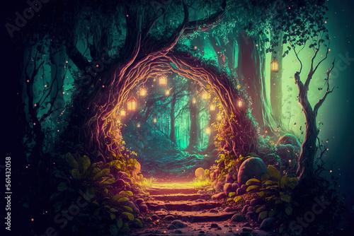 Fantasy fairy tale background. Fantasy enchanted forest with magical luminous plants  built ancient mighty trees covered with moss  with beautiful houses  butterflies and fireflies fly in the air. 