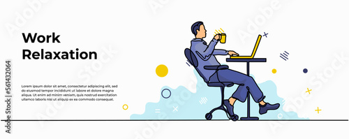 Work Relaxation Web Banner. Vector illustration of a man working while drinking with a cup. Modern flat in continuous line style.