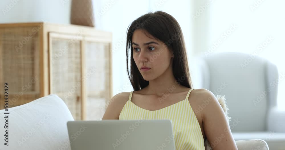 Young attractive woman sitting on sofa with laptop. Serious focused female typing, working or studying on wireless computer looking thoughtful, do telework, freelance job at home. Modern technology Young attractive woman sitting on sofa with laptop. Serious focused female typing, working or studying on wireless computer looking thoughtful, do telework, freelance job at home. Modern technology