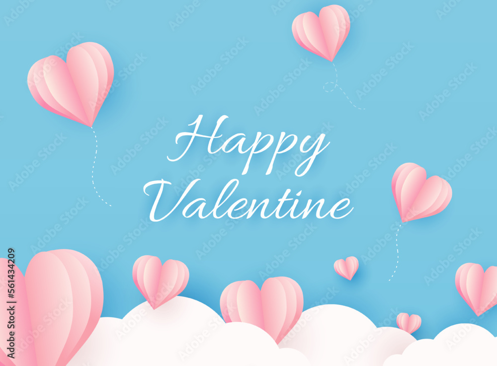 Valentine’s Day background with heart flying elements. Valentine day heart in paper cut style. Vector illustration.