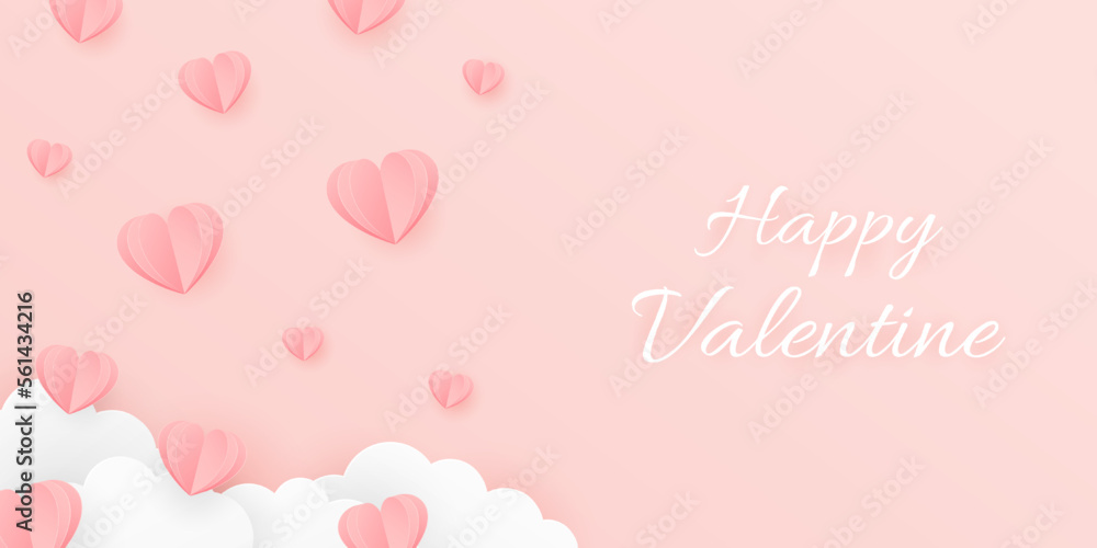 Valentine’s Day background with heart flying elements. Valentine day heart in paper cut style. Vector illustration.