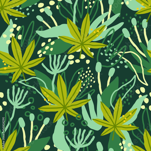 Cannabis leaves in a jungle. Seamless pattern