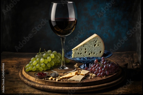 a wine glass and cheese plate with grapes and cheese on a wooden table with a blue plate with a piece of cheese and a glass of wine on it and a blue plate with grapes.