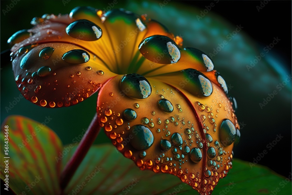  a close up of a flower with water droplets on it's petals and leaves in the background, with a dark background, with a green leaf and yellow border, with a few drops of water.