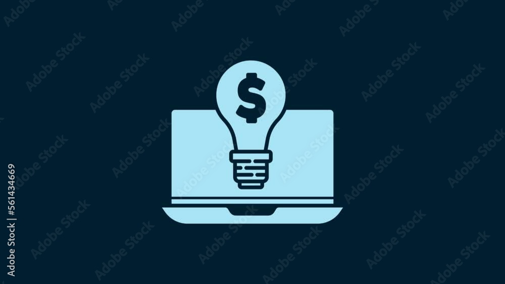 White Business light bulb with dollar on laptop screen icon isolated on blue background. User touch screen. 4K Video motion graphic animation White Business light bulb with dollar on laptop screen icon isolated on blue background. User touch screen. 4K Video motion graphic animation
