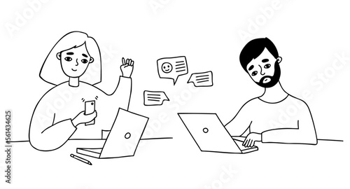 Girl and man work at laptop and correspond, online messages. Vector illustration. Linear hand drawing doodle.