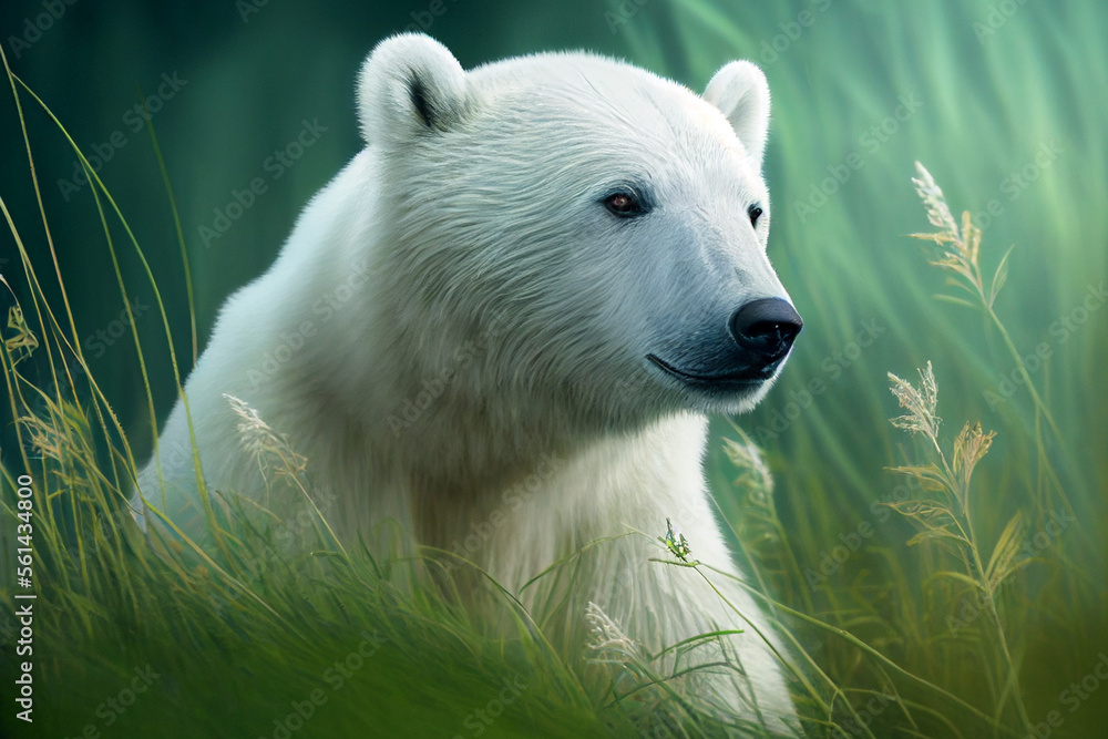 Polar bear in bright green meadow With Generative AI