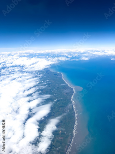 The coastal line at Tasman sea side  view from an airplane window