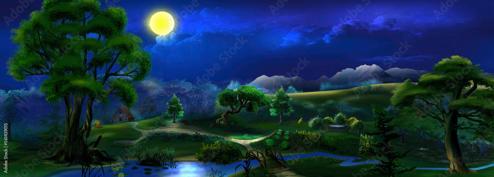 Moonlit summer night in the park illustration