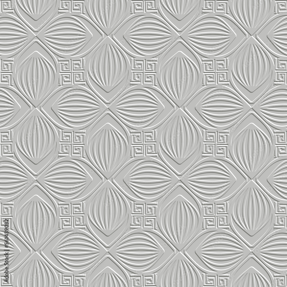 Textured emboss 3d white seamless pattern. Greek style floral embossed background. Repeat tribal ethnic abstract backdrop. Relief surface 3d ornaments. Grunge endless texture with embossing effect