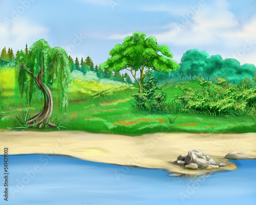 Landscape with trees on the river bank illustration
