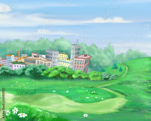Suburban landscape at day illustration