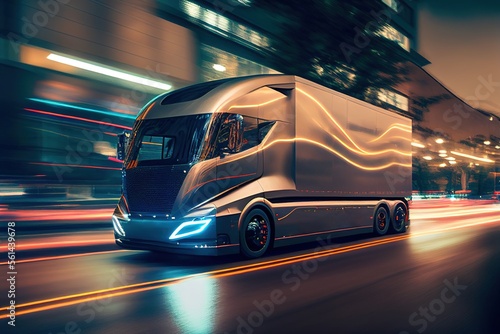 Modern electric commercial truck riding at the city street, blurred in motion. Generative art