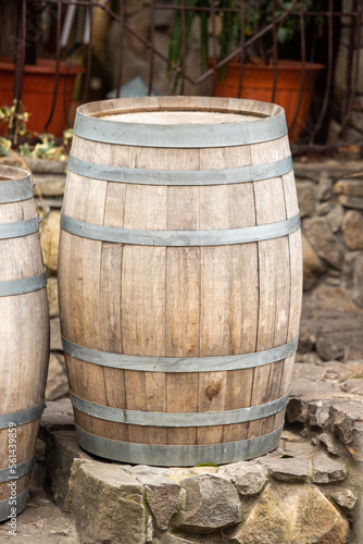 Empty wooden wine barrels on the street