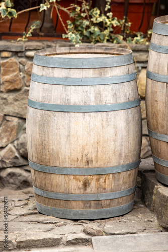 Empty wooden wine barrels on the street