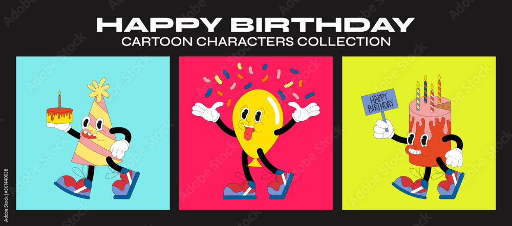 Funny cartoon character Birthday. fashion poster. Vector illustration of cake, gel balloon, cap in 90s style. Set of comic elements in trendy retro cartoon style.