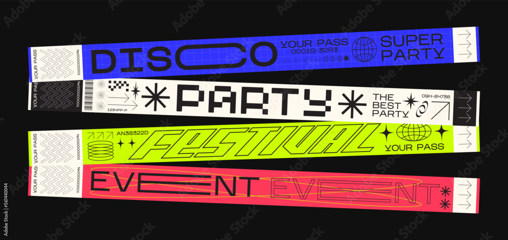 control bracelets for events, disco, festival, fan zone, party, staff. Vector mockup of a festival bracelet in a futuristic style. - obrazy, fototapety, plakaty 