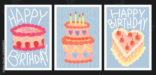 Set of birthday greeting cards with cakes. Vector poster card for congratulations