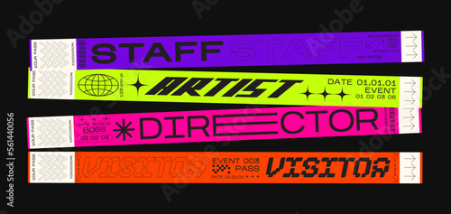 Paper bracelets for concert, vip zone or festival. Festival ticket vector mockup in retro futuristic style. sticky wristbands pass, access control vector design