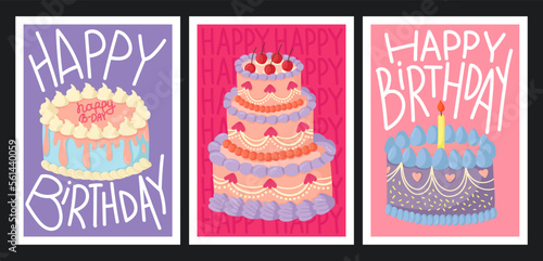Set of birthday greeting cards with cakes. Vector poster card for congratulations