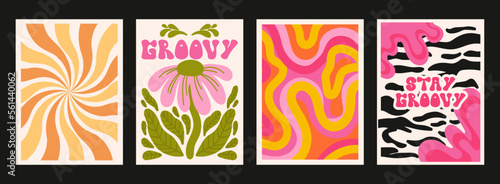 90s groovy posters. Cartoon psychedelic style. Bright hippie characters and retro elements. Trip landscapes with mountains, sun rays, flowers, trip wave. Vector collection