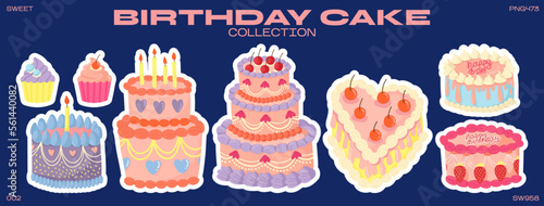 Set of cakes for birthday, holiday. Vector sticker collection of sweet cheesecakes, cupcakes, bento cakes.