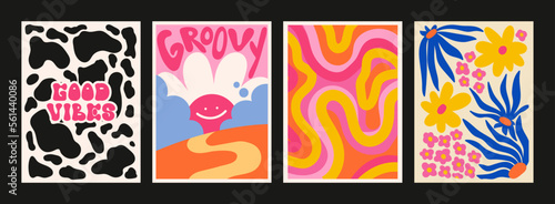 90s groovy posters. Cartoon psychedelic style. Bright hippie characters and retro elements. Trip landscapes with mountains  sun rays  flowers  trip wave. Vector collection