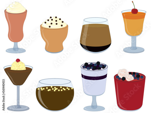 Nice sweet desserts in different glasses with toppings vector illustration