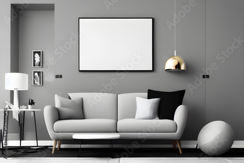 3D Illustration of a Modern Living Room Decor with Empty White Mockup Poster Above Sofa, AI