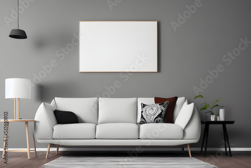 Modern Living Room with Empty White Mockup Poster Above Sofa - 3D Visualization, AI