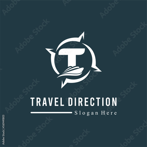 Initial T Letter with Ship Marine and Compass Icon for Travel Guide Navigation Business Logo Idea Template