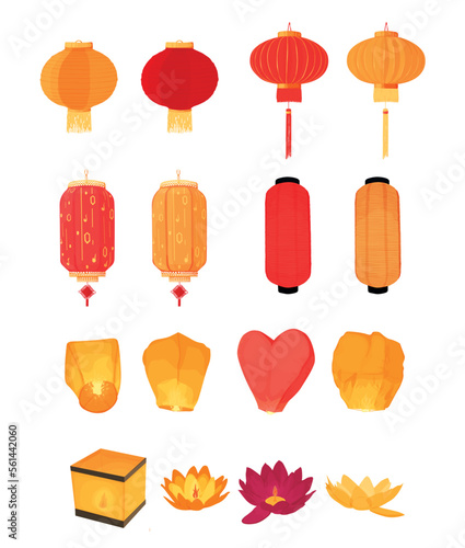 set of Chinese lanterns of different types isolated on white background.