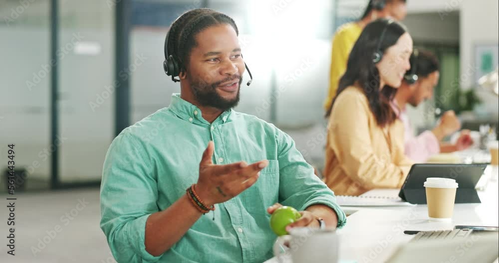 Call center, customer service and black man consultant in office doing a consultation online. Crm, contact us and African male customer support, telemarketing or sales agent with headset in workplace Call center, customer service and black man consultant in office doing a consultation online. Crm, contact us and African male customer support, telemarketing or sales agent with headset in workplace