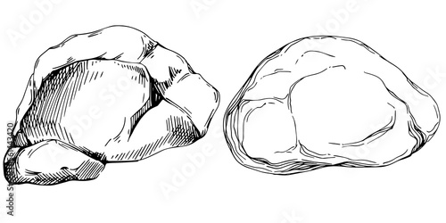 Stone Rock Monochrome Vector. Gravel And Pebble. Natural Rocky Slate Lump Engraving Template Hand Drawn In Retro Style Black And White Illustrations
