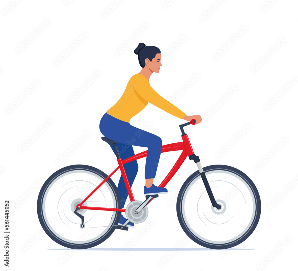 Cute happy young woman on bike. Adorable female bicyclist. Flat vector illustration.