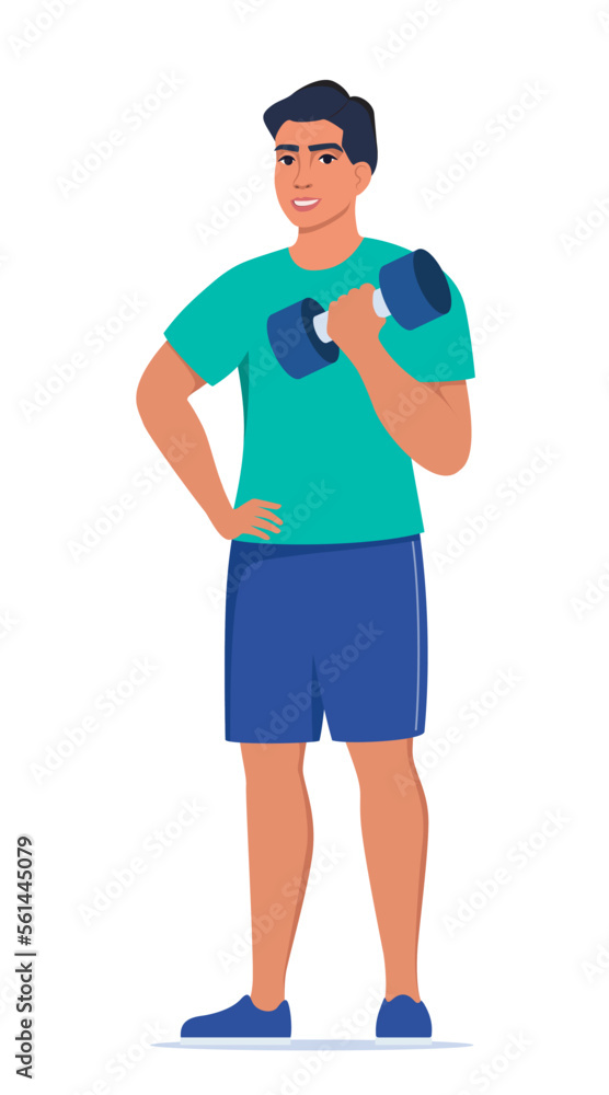 Man dressed in sports clothes does exercises with dumbbells. Vector illustration. Man dressed in sports clothes does exercises with dumbbells. Vector illustration.