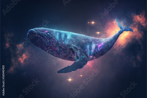 Whale in space floating, Whale outer space travel concept, whale flying in the beautiful sky, Generative AI. © Asman