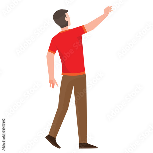 a man in a red t-shirt stands with his back to us and stretches his hand high up, isolated object on a white background, vector illustration,