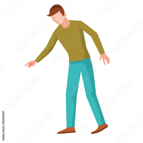 a man in a green sweater stands facing us and stretches his hand down, isolated object on a white background, vector illustration,