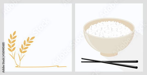 Rice bowl with chopsticks and rice plants isolated on white backgrounds vector illustration.