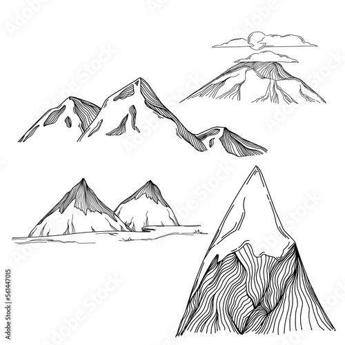 Hand sketch of winter mountains. Mountains sketch on a white background. Snowy mountain peaks and Shapes For Logos