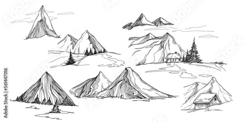 Hand sketch of winter mountains. Mountains sketch on a white background. Snowy mountain peaks and Shapes For Logos