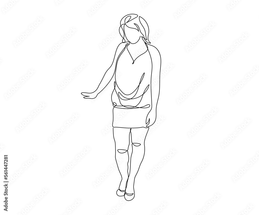 abstract girl without a face stands in a short dress with an outstretched arm, hand drawn, continuous monoline, one line art