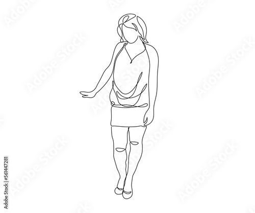 abstract girl without a face stands in a short dress with an outstretched arm  hand drawn  continuous monoline  one line art