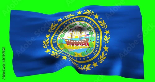 Flag of New Hampshire realistic waving on green screen. Seamless loop animation with high quality