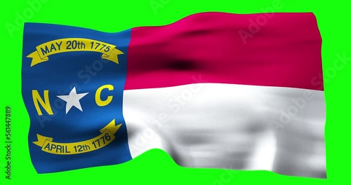 Flag of North Carolina realistic waving on green screen. Seamless loop animation with high quality