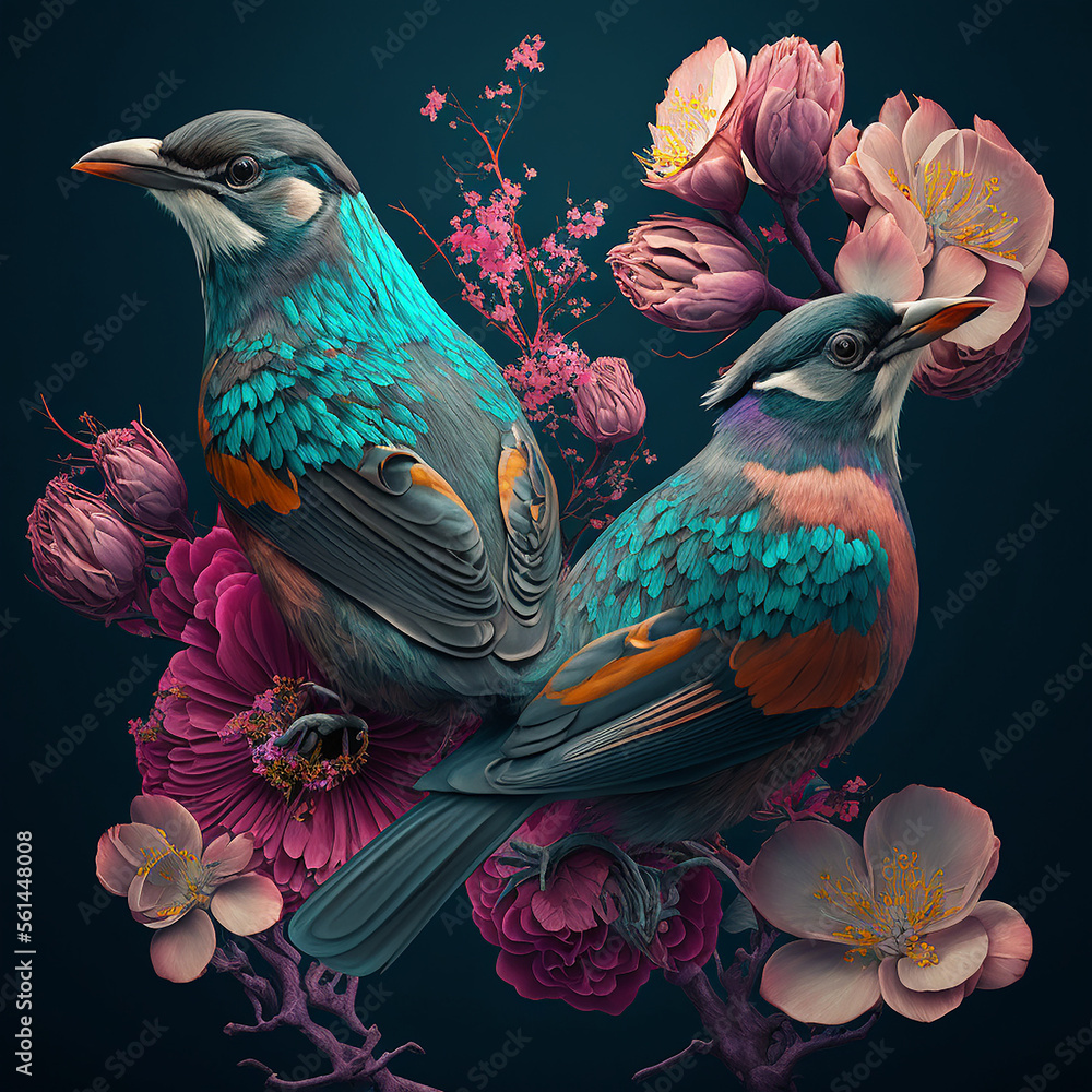 two birds on a branch with flowers