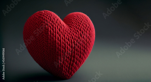 Valentine banner  knitted red heart on grey background with copy space  illustration. Generative AI
